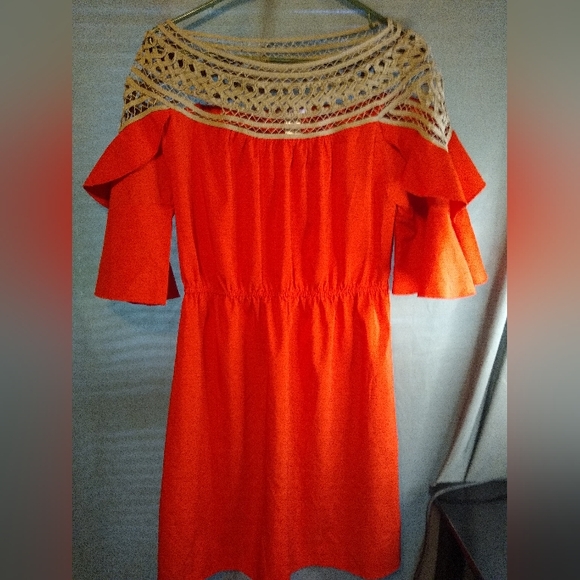 Wesley Elegant Orange Crocket Neckline And Flare Sleeves Dress - Picture 1 of 4